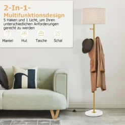 166,5cm hohe Stehlampe Garderobenständer mit 5 Haken & Fußschalter Stehleuchte E27 Sockel Leselampe für Schlafzimmer Wohnzimmer