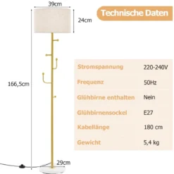 166,5cm hohe Stehlampe Garderobenständer mit 5 Haken & Fußschalter Stehleuchte E27 Sockel Leselampe für Schlafzimmer Wohnzimmer