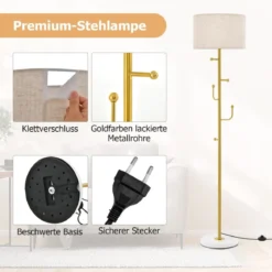 166,5cm hohe Stehlampe Garderobenständer mit 5 Haken & Fußschalter Stehleuchte E27 Sockel Leselampe für Schlafzimmer Wohnzimmer