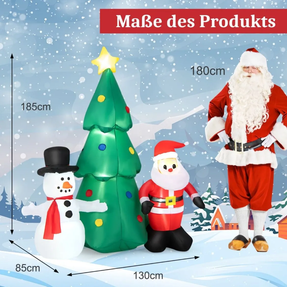 185 cm Hohe Weihnachtsdekoration zum Aufblasen Riesige Weihnachtskombination mit LED-Leuchten