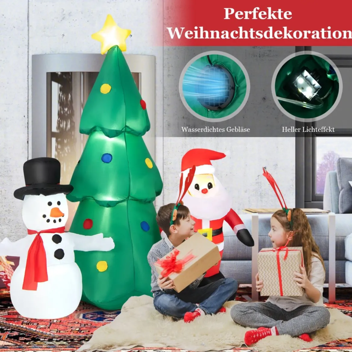 185 cm Hohe Weihnachtsdekoration zum Aufblasen Riesige Weihnachtskombination mit LED-Leuchten