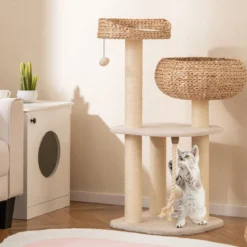 104 cm Holz Katzenbaum mit Sitzstange & Korb & Sisalpfählen Kratzbaum Kletterbaum Beige