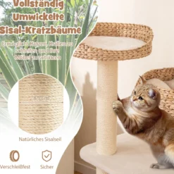 104 cm Holz Katzenbaum mit Sitzstange & Korb & Sisalpfählen Kratzbaum Kletterbaum Beige