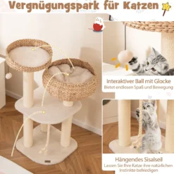 104 cm Holz Katzenbaum mit Sitzstange & Korb & Sisalpfählen Kratzbaum Kletterbaum Beige