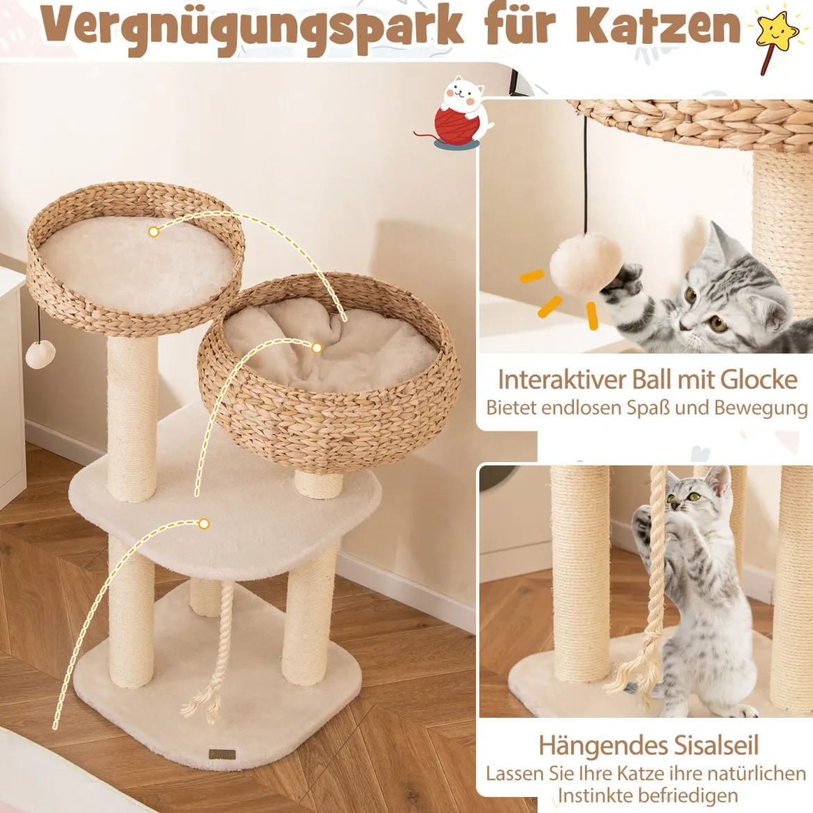 104 cm Holz Katzenbaum mit Sitzstange & Korb & Sisalpfählen Kratzbaum Kletterbaum Beige