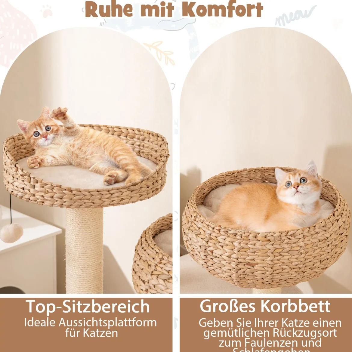 104 cm Holz Katzenbaum mit Sitzstange & Korb & Sisalpfählen Kratzbaum Kletterbaum Beige