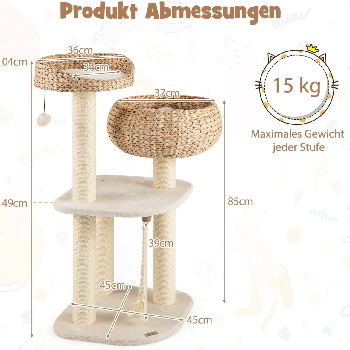 104 cm Holz Katzenbaum mit Sitzstange & Korb & Sisalpfählen Kratzbaum Kletterbaum Beige