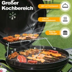 φ57cm Holzkohlegrill mit Deckel & Großem Aschefänger & Seitenablagen & Haken & Rädern Schwarz