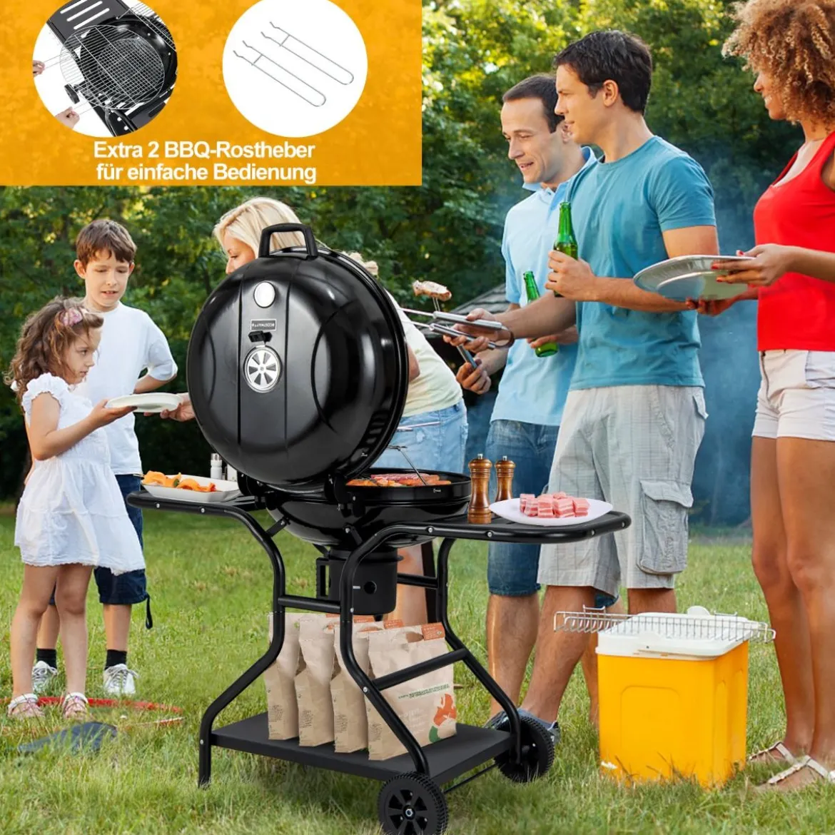 φ57cm Holzkohlegrill mit Deckel & Großem Aschefänger & Seitenablagen & Haken & Rädern Schwarz