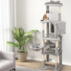 176 cm Holz Kratzbaum mit Höhle & Korbbett & Hängematte & Sisalpfosten Katzenbaum