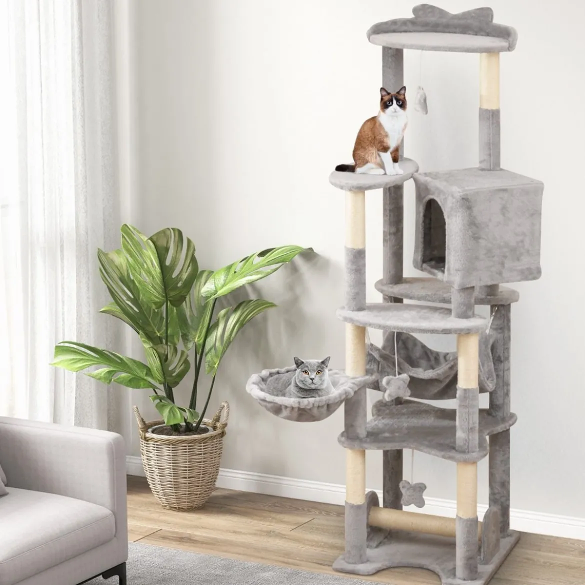 176 cm Holz Kratzbaum mit Höhle & Korbbett & Hängematte & Sisalpfosten Katzenbaum