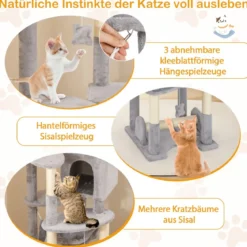 176 cm Holz Kratzbaum mit Höhle & Korbbett & Hängematte & Sisalpfosten Katzenbaum