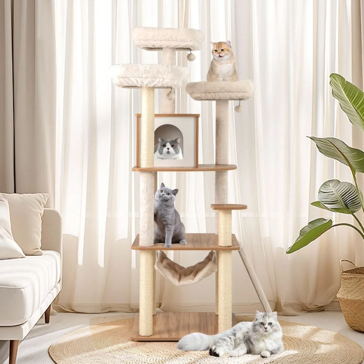 168cm Holz Kratzbaum mit Höhle & Leiter & Matten & Bällen & Hängematte Katzenkratzbaum
