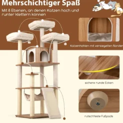 168cm Holz Kratzbaum mit Höhle & Leiter & Matten & Bällen & Hängematte Katzenkratzbaum