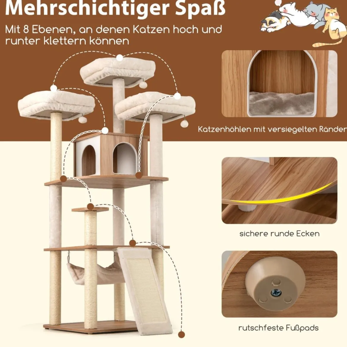 168cm Holz Kratzbaum mit Höhle & Leiter & Matten & Bällen & Hängematte Katzenkratzbaum