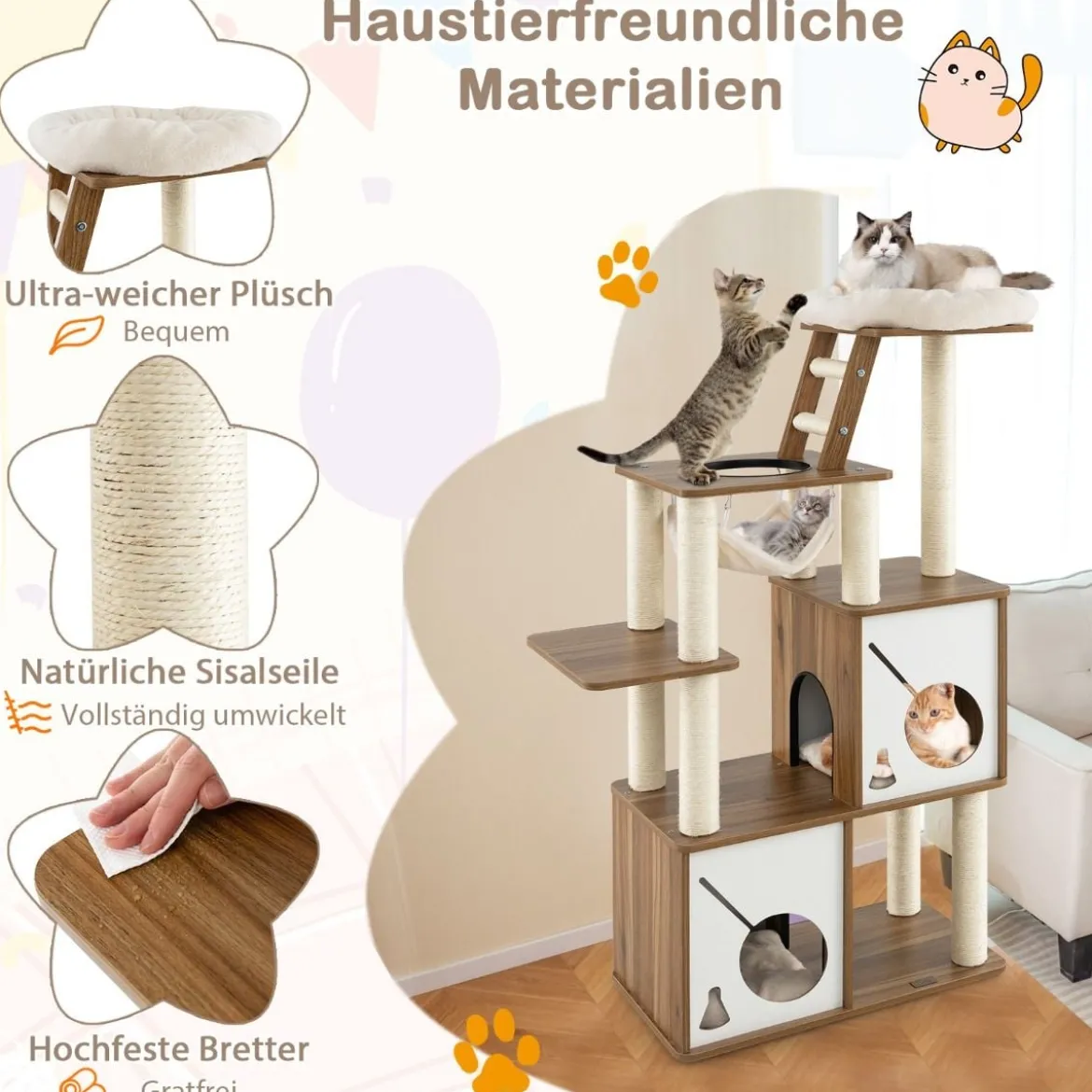 145cm Holz Kratzbaum mit Hängematte & 2 Katzenhöhlen & Leiter Katzenbaum Kletterbaum