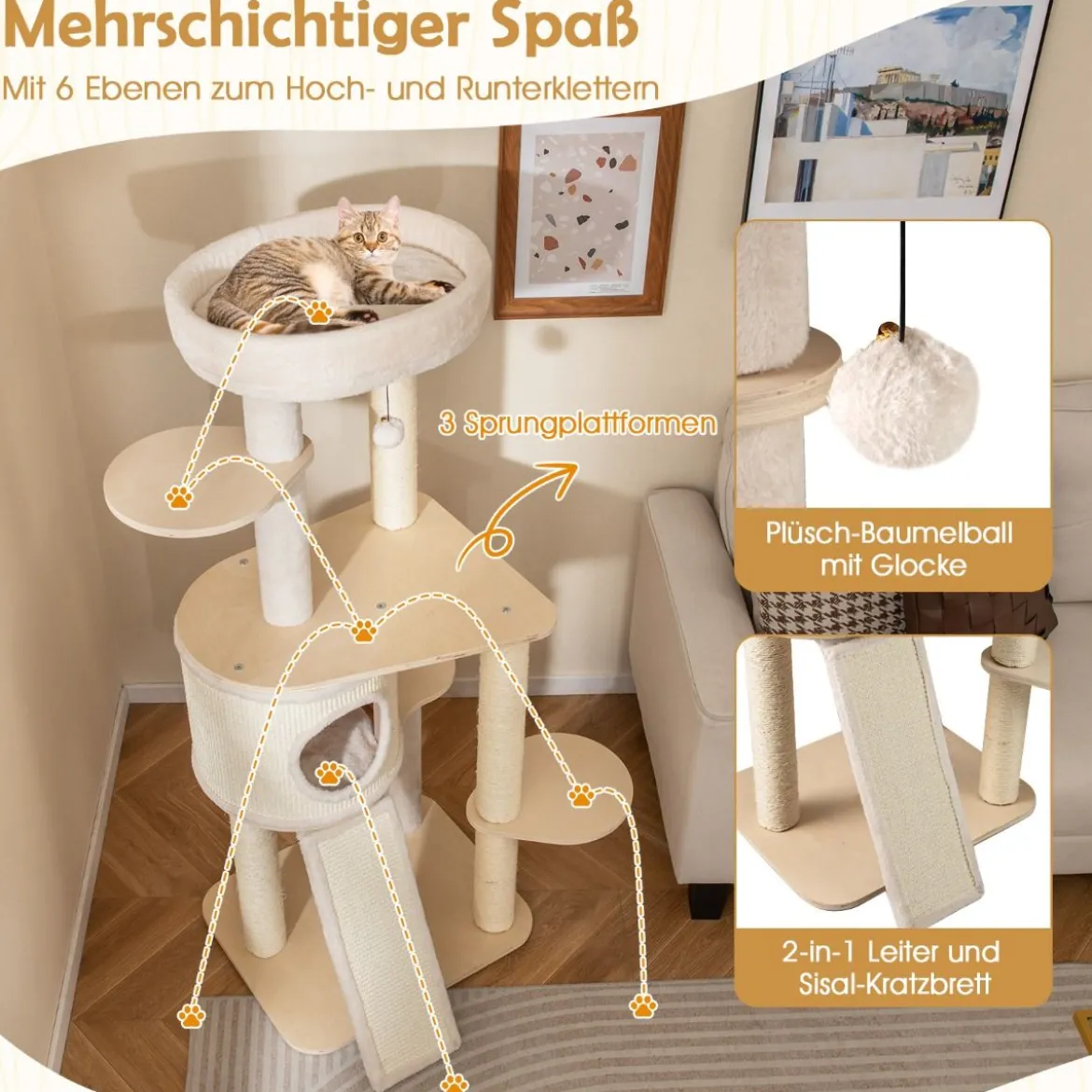143 cm Holz Kratzbaum mit Kratztonne & Sisal-Kratzsäulen & Leiter Katzenbaum Kletterbaum Natur