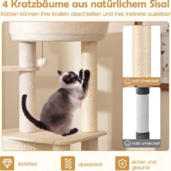 143 cm Holz Kratzbaum mit Kratztonne & Sisal-Kratzsäulen & Leiter Katzenbaum Kletterbaum Natur