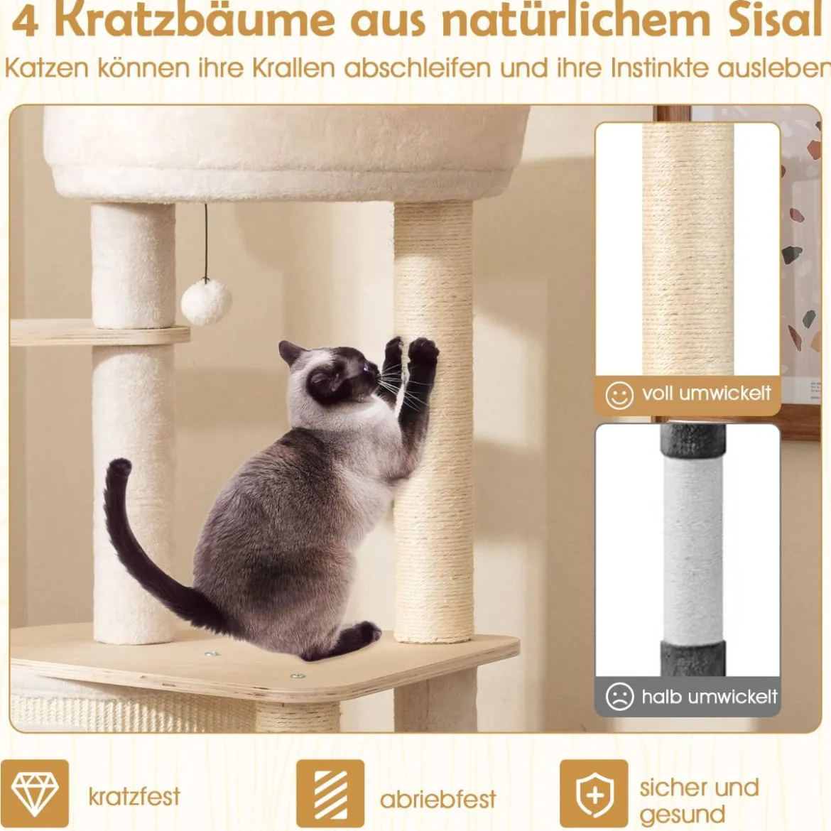 143 cm Holz Kratzbaum mit Kratztonne & Sisal-Kratzsäulen & Leiter Katzenbaum Kletterbaum Natur