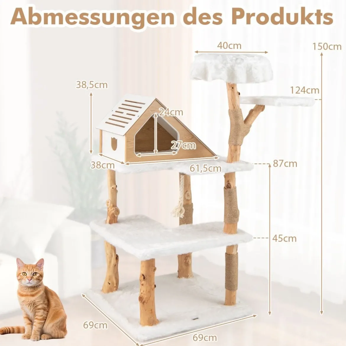 150 cm Holz Kratzbaum mit 2 Liegeplätzen & Höhle & Kratzsäulen & Sisalseil Katzenbaum