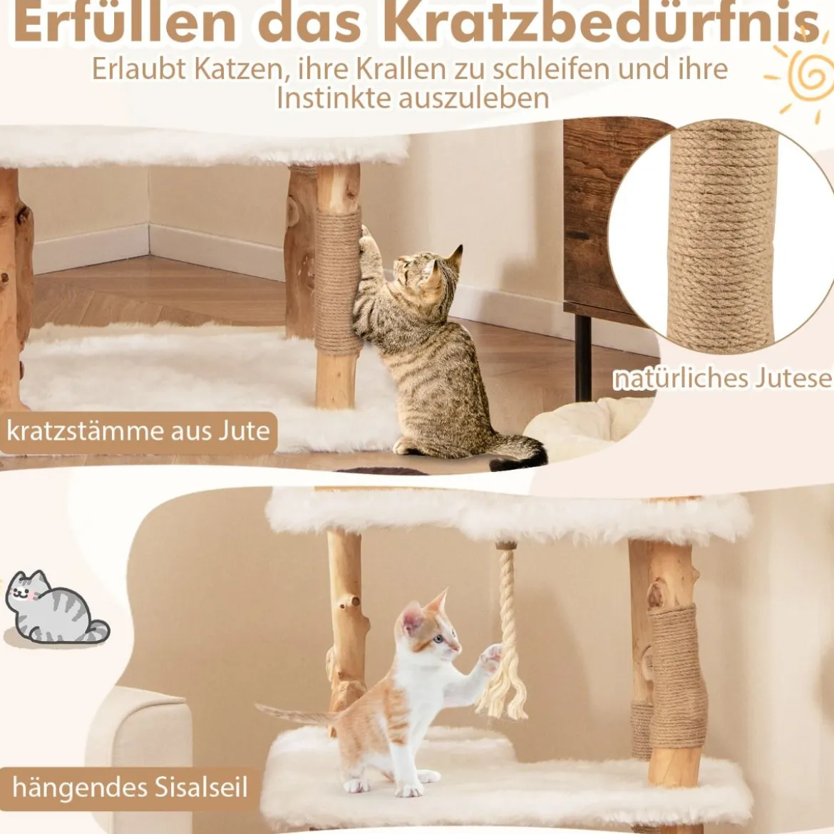 150 cm Holz Kratzbaum mit 2 Liegeplätzen & Höhle & Kratzsäulen & Sisalseil Katzenbaum