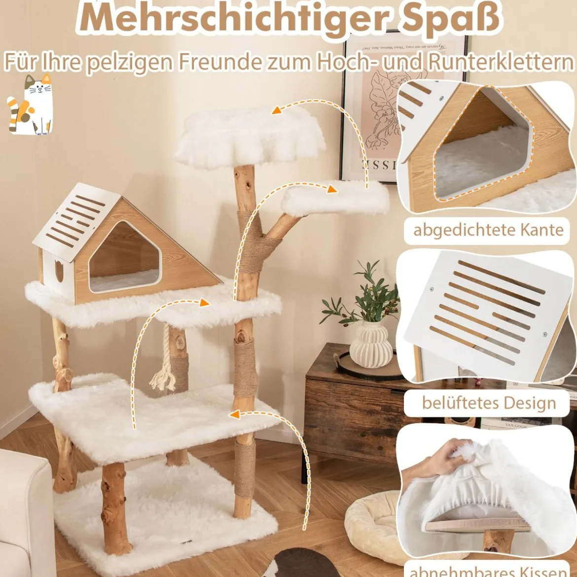 150 cm Holz Kratzbaum mit 2 Liegeplätzen & Höhle & Kratzsäulen & Sisalseil Katzenbaum