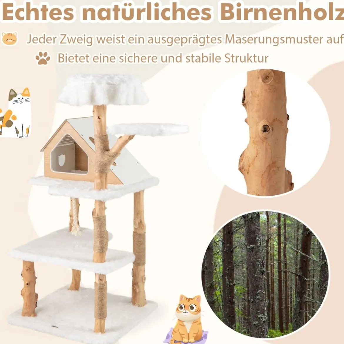 150 cm Holz Kratzbaum mit 2 Liegeplätzen & Höhle & Kratzsäulen & Sisalseil Katzenbaum