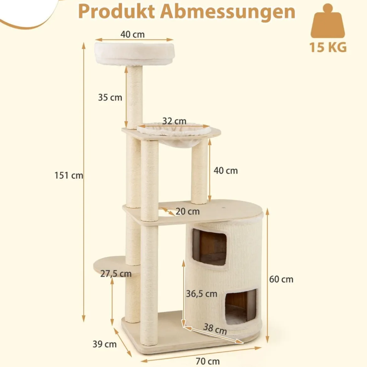 151cm Holz Kratzbaum mit 2-stöckigem Katzenhöhle & Hängematte Katzenbaum