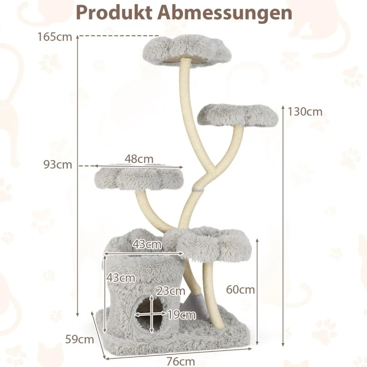 165cm Holz Kratzbaum mit 4 Warmen Liegeflächen & Katzenhöhle & Sisalstämmen Katzenbaum