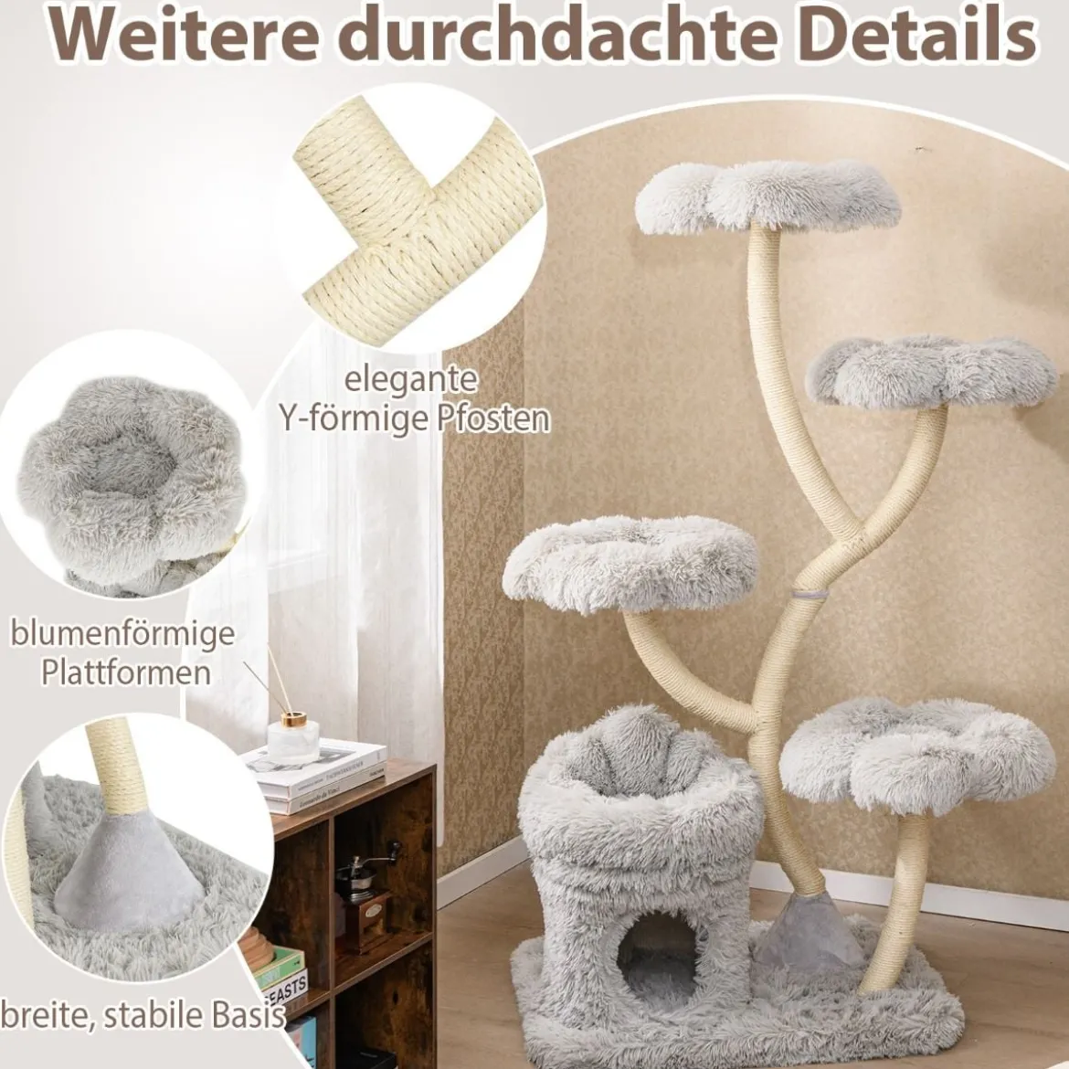 165cm Holz Kratzbaum mit 4 Warmen Liegeflächen & Katzenhöhle & Sisalstämmen Katzenbaum