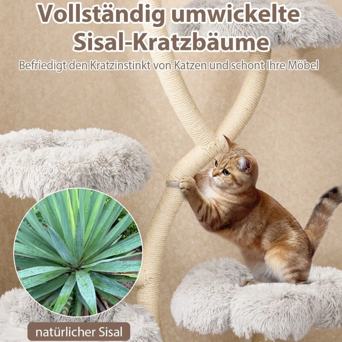 165cm Holz Kratzbaum mit 4 Warmen Liegeflächen & Katzenhöhle & Sisalstämmen Katzenbaum