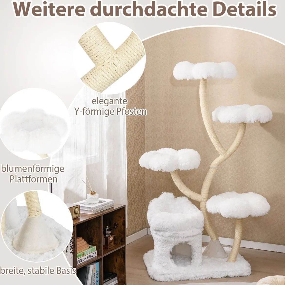 165cm Holz Kratzbaum mit 4 Warmen Liegeflächen & Katzenhöhle & Sisalstämmen Katzenbaum