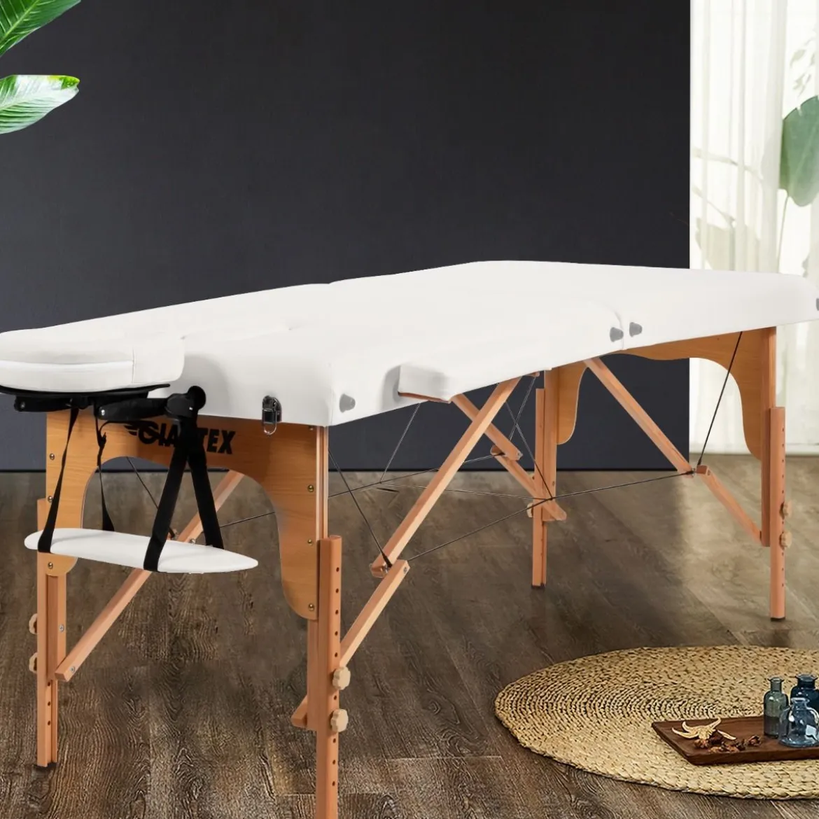 185 cm Holz Massagetisch mit Tragetasche 2-Fach faltbares tragbares Massagebett