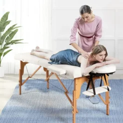 185 cm Holz Massagetisch mit Tragetasche 2-Fach faltbares tragbares Massagebett