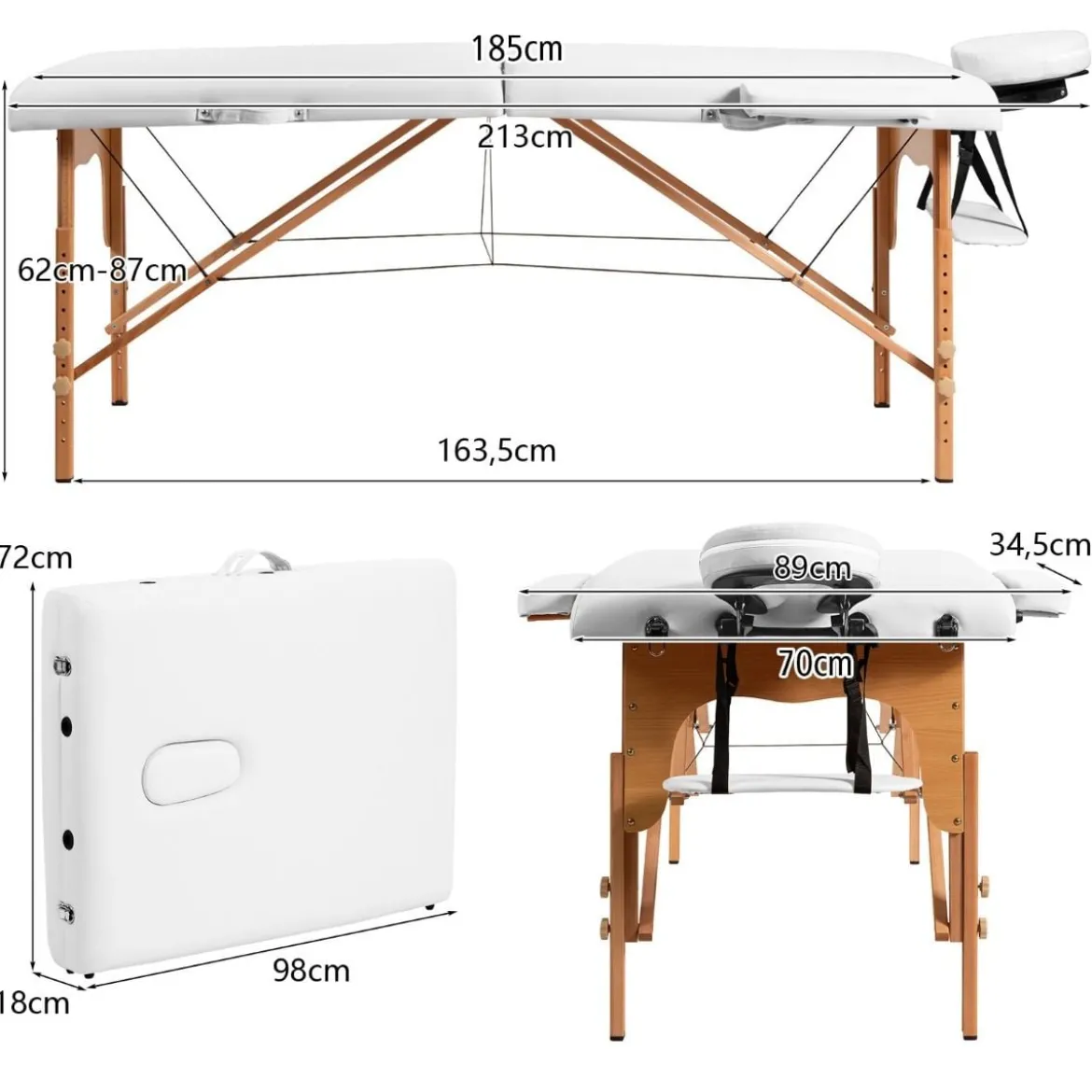 185 cm Holz Massagetisch mit Tragetasche 2-Fach faltbares tragbares Massagebett