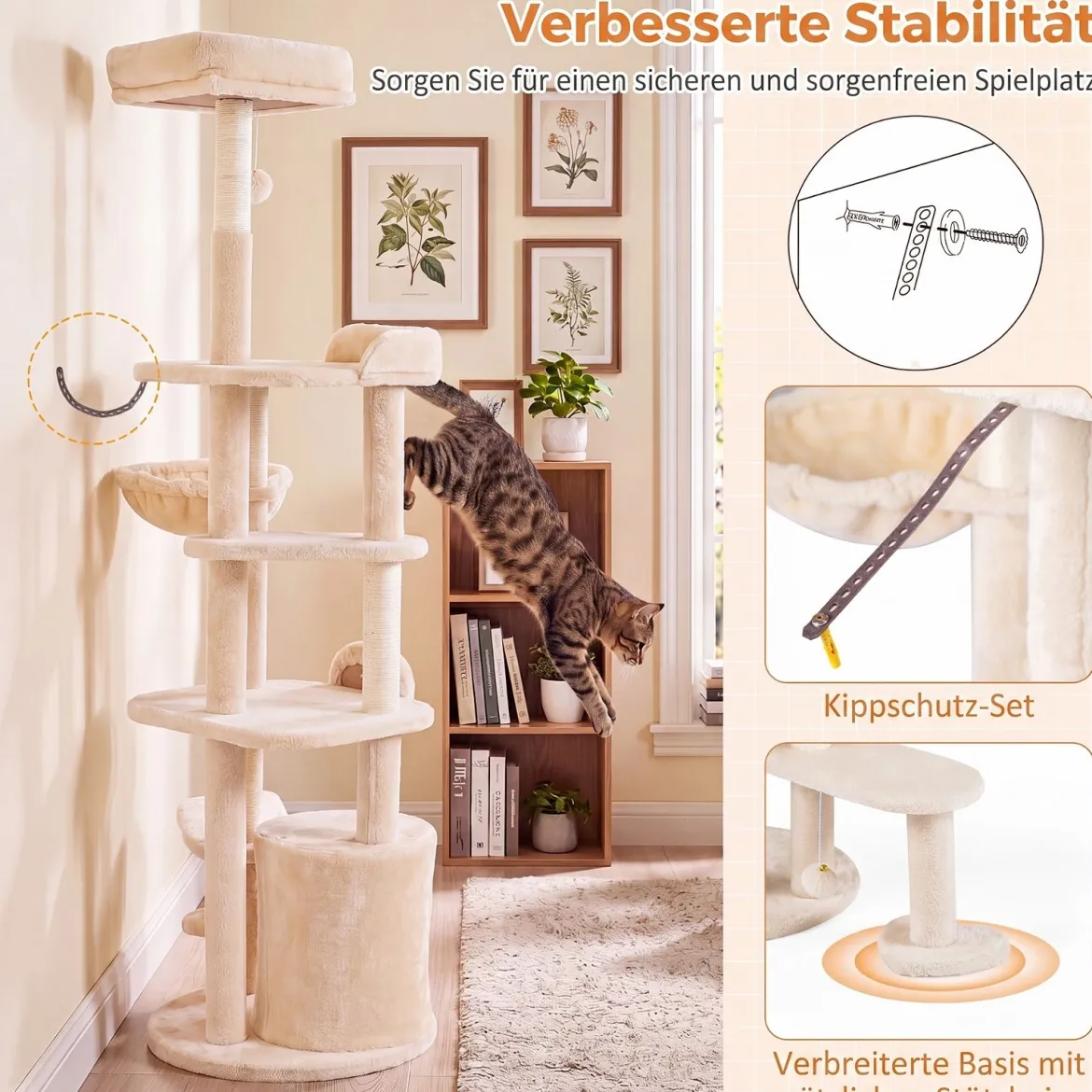 149 cm Indoor Kratzbaum mit Kippsicherung & 4 Sisal-Kratzsäulen für Kleine und Mittelgroße Katzen