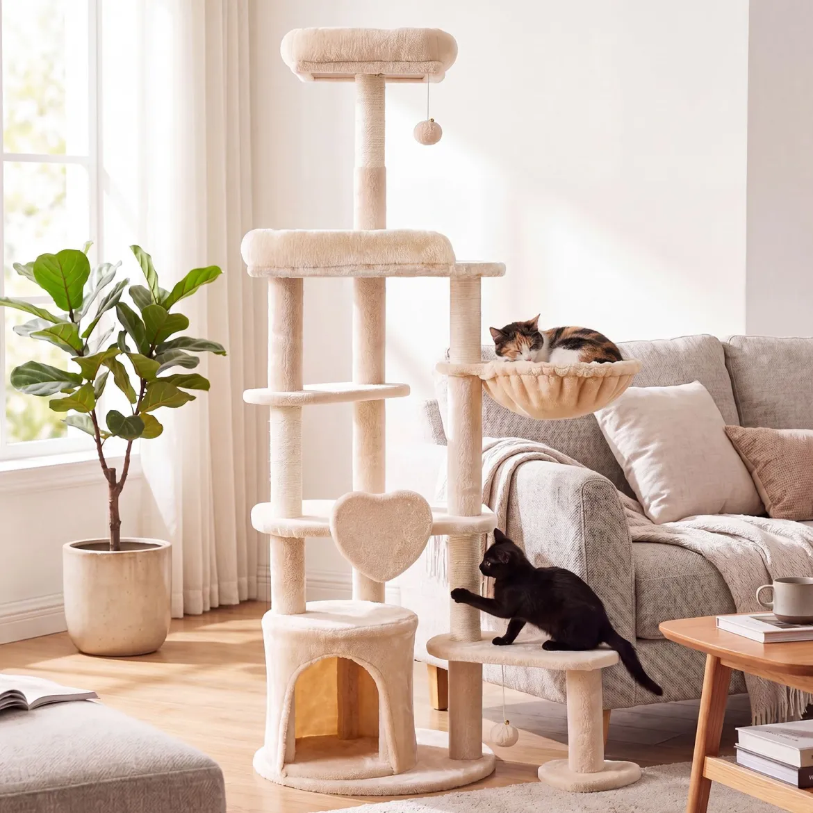 149 cm Indoor Kratzbaum mit Kippsicherung & 4 Sisal-Kratzsäulen für Kleine und Mittelgroße Katzen