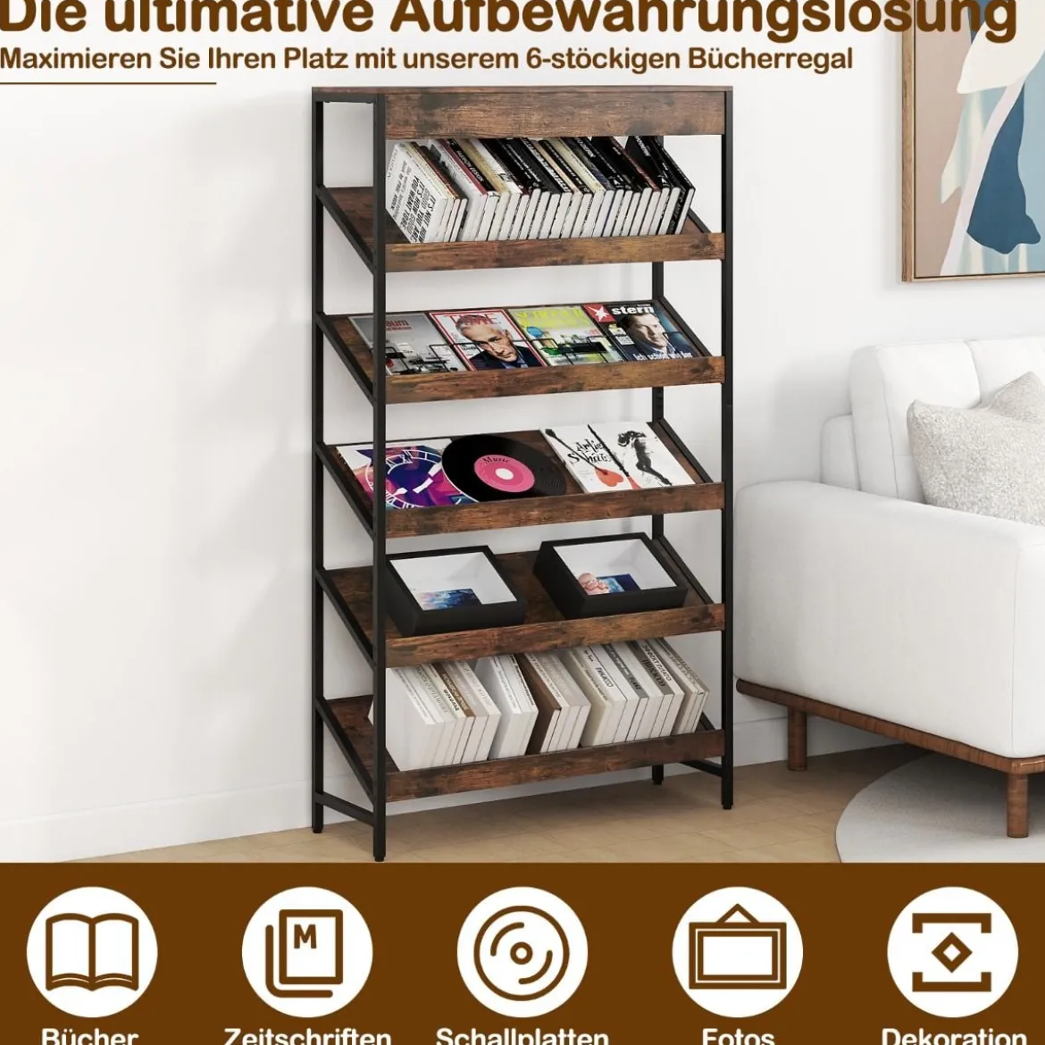 161 cm Industrielles Bücherregal mit Metallrahmen Freistehendes Lagerregal Anzeige Standregal Braun