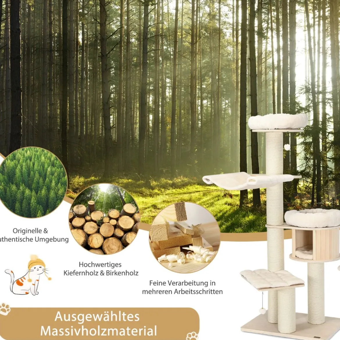 174 cm Katzenbaum aus Massivholz 4-Etagen Katzenturm Natur