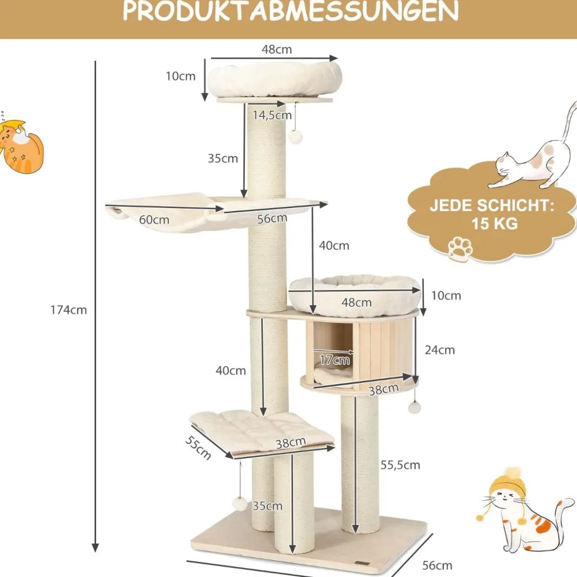 174 cm Katzenbaum aus Massivholz 4-Etagen Katzenturm Natur
