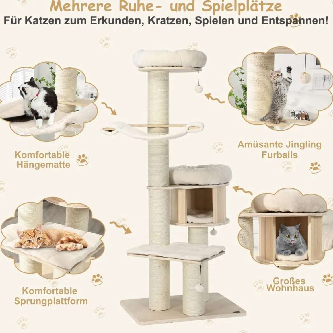 174 cm Katzenbaum aus Massivholz 4-Etagen Katzenturm Natur