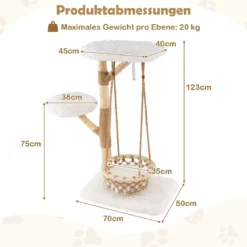 123cm Katzenbaum mit Hängekorb & Kletterturm & Echten Holzästen Kratzbaum Katzenaktivitätsbaum