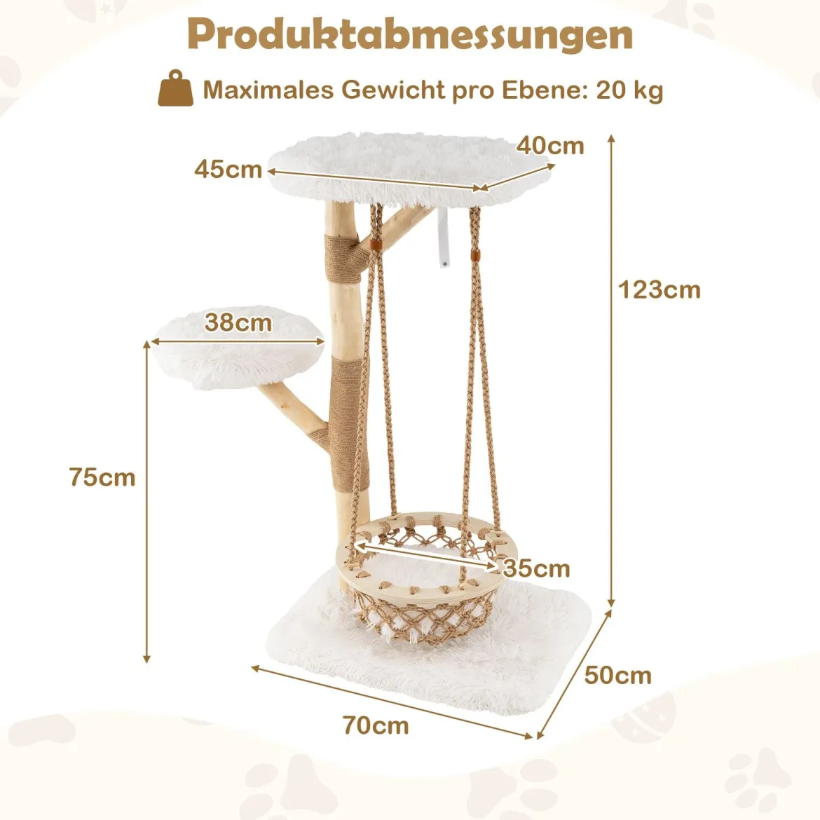 123cm Katzenbaum mit Hängekorb & Kletterturm & Echten Holzästen Kratzbaum Katzenaktivitätsbaum