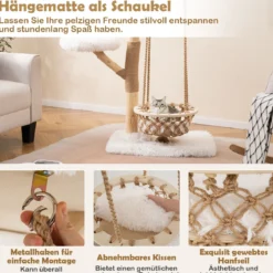 123cm Katzenbaum mit Hängekorb & Kletterturm & Echten Holzästen Kratzbaum Katzenaktivitätsbaum