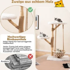 123cm Katzenbaum mit Hängekorb & Kletterturm & Echten Holzästen Kratzbaum Katzenaktivitätsbaum