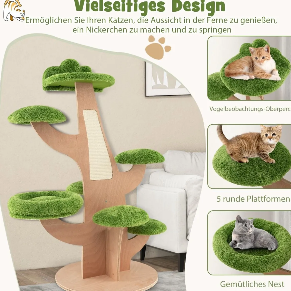 128 cm Katzenbaum mit Liegeplatz & Springplattform Kätzchen Aktivitätszentrum