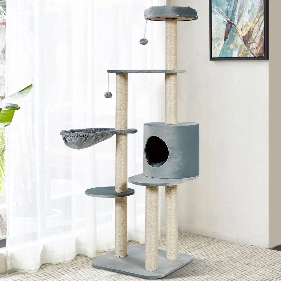 144cm Katzenbaum mit Sisalbezogenen Säulen & Plüsch & Höhle & Liege Grau