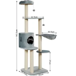 144cm Katzenbaum mit Sisalbezogenen Säulen & Plüsch & Höhle & Liege Grau