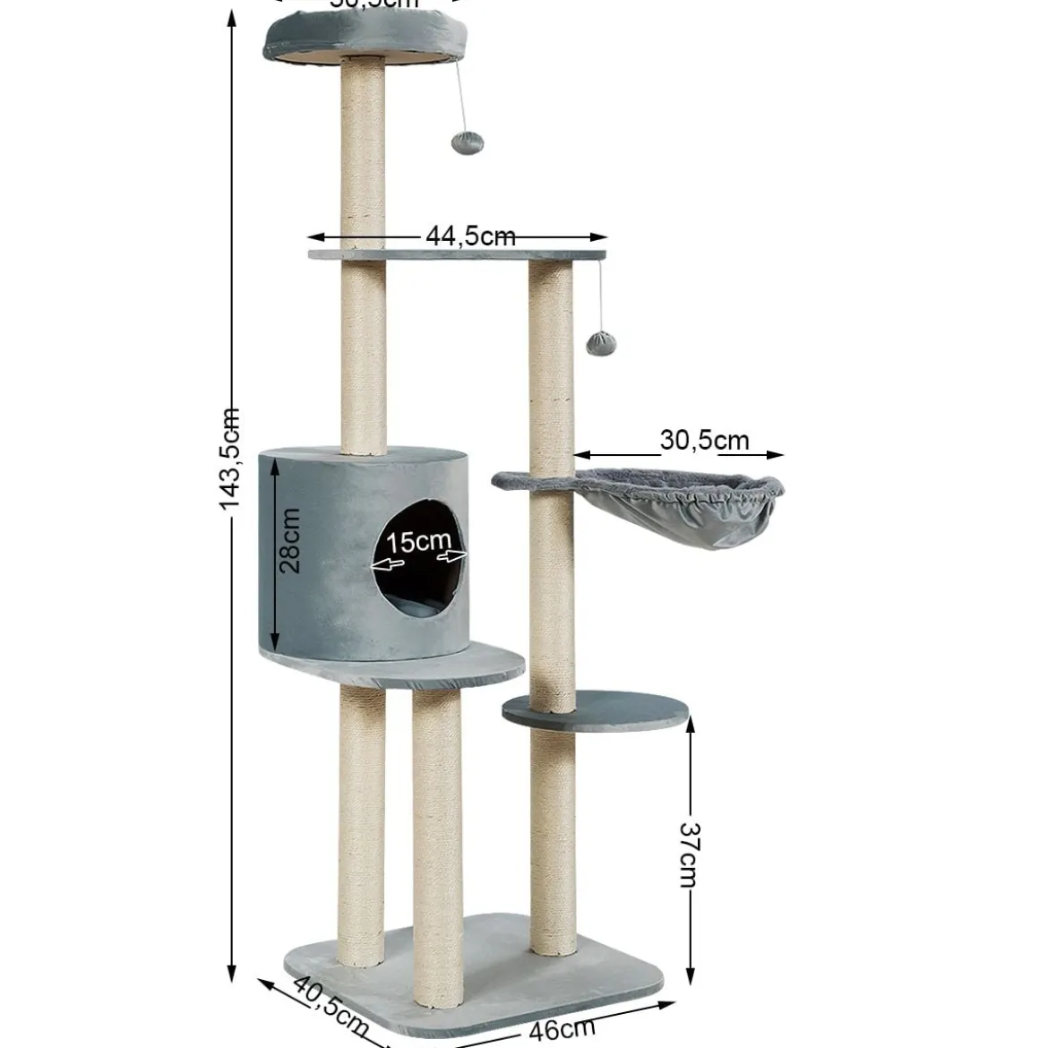 144cm Katzenbaum mit Sisalbezogenen Säulen & Plüsch & Höhle & Liege Grau