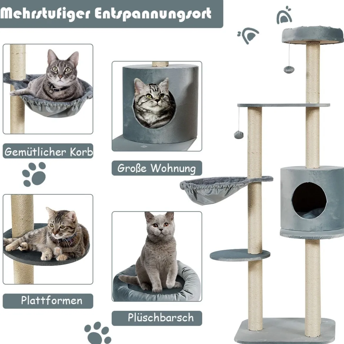 144cm Katzenbaum mit Sisalbezogenen Säulen & Plüsch & Höhle & Liege Grau